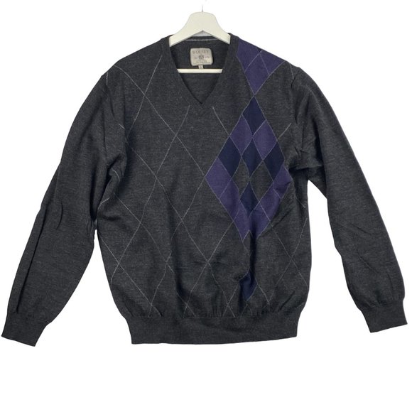 Wolsey Sweater Men XL Argyle‎ Merino Wool Blend V-Neck Grey Purple Pullover - Picture 1 of 12